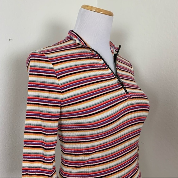 Express One Eleven Striped Ribbed Zip Neck Top 3/4 Sleeves Retro Size XS - Picture 7 of 16